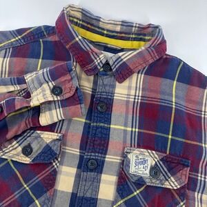Superdry Plaid Flannel Shirt Men Medium Blue Maroon Lumberjack Twill Button Down